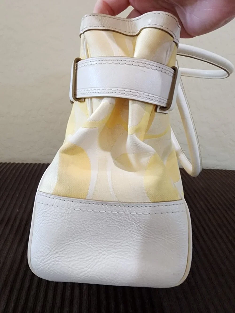 Coach Hampton Optic Signature Stripe Yellow White Double Handle Shoulder Bag